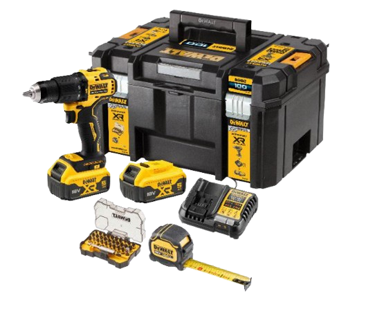 Dewalt 18V Akku-Schlagbohrschrauber DCD709 inkl. 2 Akkus 5AH, Schnelladegerät, Tough Tape Badmaß 5m  x 32mm DWHT36917-0, 32 tlg. FLEXTORQ BiZ100P2KT-QW