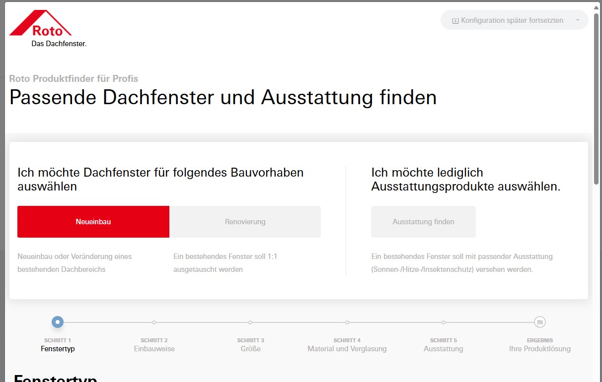 ROTO – Produktkonfigurator Dachfenster
